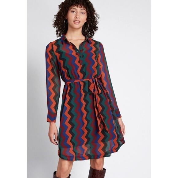NWT ModCloth chevron print belted shirtdress long sleeve vinatge style Size 0 - Picture 1 of 3